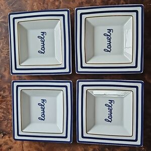 "Lovely" Set of 4 Dessert Cake or Trinket Dishes. White w Blue & Gold Trim NWT